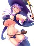  bag bare_shoulders bikini bikini_warriors black_bikini breasts cape detached_sleeves hat highres large_breasts lavender_hair looking_at_viewer mage_(bikini_warriors) navel one_eye_closed open_mouth pouch purple_eyes short_hair solo staff star stir255 swimsuit thighhighs underboob witch_hat 
