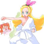  2girls :o bare_shoulders blonde_hair blue_eyes bow breasts brown_hair chestnut_mouth clenched_hands collarbone commentary_request dougi feathers hadanugi_dousa hair_bow hair_feathers japanese_clothes kikurage_(crayon_arts) kirahoshi_ciel kirakira_precure_a_la_mode long_hair multiple_girls nipples o_o off_shoulder precure punching rectangular_mouth simple_background small_breasts sweat translation_request twintails usami_ichika v-shaped_eyebrows wardrobe_malfunction white_background 
