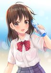  aibumi blurry blurry_background bottle brown_eyes brown_hair highres long_hair looking_at_viewer original school_uniform solo sweat water_bottle wet wet_clothes 