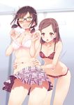  2girls @_@ bad_id bad_pixiv_id belly_grab blush bra breasts brown_eyes brown_hair cleavage glasses leaning_forward long_hair medium_breasts multiple_girls navel nyoijizai open_mouth panties short_hair skirt small_breasts trembling twintails underwear wavy_mouth wide_hips yellow_eyes yuri 