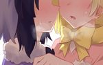  after_kiss black_hair blonde_hair blush bow bowtie breath choco_chip_(aoyuzzz) commentary_request common_raccoon_(kemono_friends) face-to-face fennec_(kemono_friends) fur_collar grey_hair hand_on_another's_shoulder head_out_of_frame highres kemono_friends multicolored_hair multiple_girls parted_lips saliva saliva_trail short_hair sweat yellow_bow yellow_neckwear yuri 