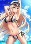  adapted_costume armpits arms_behind_head bikini bismarck_(kantai_collection) blonde_hair blue_eyes breasts cleavage cloud cloudy_sky collarbone cross cross_necklace day hat iron_cross jewelry kantai_collection large_breasts long_hair looking_at_viewer military_hat navel necklace ocean outdoors parted_lips peaked_cap sakiyamama side-tie_bikini sky solo striped striped_bikini swimsuit twitter_username water 