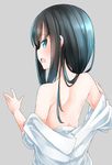  asashio_(kantai_collection) back bare_shoulders black_hair blue_eyes comah grey_background kantai_collection long_hair open_mouth shirt simple_background solo undressing white_shirt 