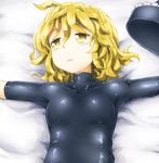  alternate_costume blonde_hair bodysuit collarbone commentary_request eyebrows_visible_through_hair hair_between_eyes hat lunasa_prismriver lying on_back outstretched_arms shirosato short_hair solo touhou yellow_eyes 