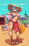  1girl beach bikini blue_eyes blue_hair breasts cleavage commentary contrapposto covered_nipples day erection full_body grin hat inkling jordan_smith large_breasts long_hair long_legs mature older picnic_basket pointy_ears sandals sarong smile soft_focus splatoon_(series) standing striped striped_bikini sun_hat swimsuit tattoo tentacle_hair thighs underboob 