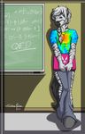  2010 anthro biped black_fur black_hair black_stripes black_tail blue_eyes braided_hair chalkboard chaps classroom clothed clothing computer digital_media_(artwork) equine front_view full-length_portrait fully_clothed fur girly grey_bottomwear grey_clothing grey_hooves hair hi_res holding_object hooves laptop long_hair looking_at_viewer male mammal math multicolored_fur multicolored_hair portrait rainbow_clothing rainbow_shirt rainbow_topwear school shadow shane_nelson shirt signature snout solo standing striped_fur stripes stripes_(character) t-shirt two_tone_fur two_tone_hair white_fur white_hair zebra 