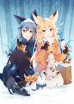  :d animal animal_ears animal_on_lap bag bangs baozi black_bow black_gloves black_legwear black_neckwear blonde_hair bow bowtie brown_eyes eating eyebrows_visible_through_hair ezo_red_fox_(kemono_friends) food forest fox fox_ears fox_girl fox_tail fur_trim gloves gradient_hair grey_hair hair_between_eyes highres holding holding_food ivy1993 jacket kemono_friends knees_together_feet_apart knees_up loafers long_hair long_sleeves looking_at_viewer lucky_beast_(kemono_friends) multicolored_hair multiple_girls nature necktie on_lap open_mouth outdoors pantyhose paper_bag pleated_skirt scarf shoes silver_fox_(kemono_friends) sitting skirt smile snow snow_on_head snowing snowman stretch tail tree wariza white_legwear winter winter_clothes yellow_neckwear 