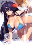  ahoge bad_id bad_pixiv_id bikini blue_bikini blue_eyes breasts cleavage hanging_breasts large_breasts long_hair matsuki_ringo original purple_hair smile solo sponge swimsuit very_long_hair visor_cap 