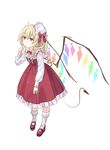  adapted_costume ahoge alternate_hairstyle alternate_headwear blonde_hair bow dress drill_hair flandre_scarlet full_body hat hat_bow highres laevatein_(tail) long_hair long_sleeves mary_janes mini_hat red_bow red_dress red_eyes red_footwear shika_lq shoes simple_background socks solo standing tail touhou white_background white_hat white_legwear wings 