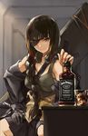  alcohol black_hair bottle braid chinese_commentary commentary_request cup drinking_glass eyepatch girls_frontline grey_eyes headphones headphones_around_neck highres jack_daniel's kisetsu light_smile long_hair looking_at_viewer m16a1_(girls_frontline) mole mole_under_eye scar sitting smile solo whiskey 