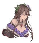  &gt;:) bare_shoulders blue_eyes breasts brooch brown_hair choker cleavage closed_mouth dress eyebrows_visible_through_hair flower granblue_fantasy hair_between_eyes hair_flower hair_ornament hairband jewelry kakage large_breasts lips long_hair looking_at_viewer off-shoulder_dress off_shoulder rosetta_(granblue_fantasy) sidelocks smile solo transparent_background upper_body v-shaped_eyebrows 