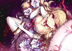  bare_shoulders blonde_hair breasts cleavage corset dress elbow_gloves flower garter_straps gloves hair_ribbon highres large_breasts light_smile long_hair looking_at_viewer no_hat no_headwear parasol purple_dress purple_eyes ribbon sam_ashton solo thighhighs touhou tress_ribbon umbrella white_legwear yakumo_yukari 