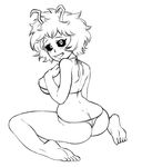  1girl :d ashido_mina ass back bare_back bikini black_sclera blush boku_no_hero_academia breasts butt_crack feet from_behind hand_on_chest horns large_breasts looking_at_viewer monochrome nipples seiza solo 