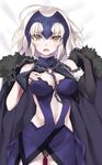  bare_shoulders blonde_hair blush breasts cape chain commentary_request d: elbow_gloves fate/grand_order fate_(series) fur_trim gloves headpiece jeanne_d'arc_(alter)_(fate) jeanne_d'arc_(fate)_(all) lying medium_breasts navel open_mouth panties solo tsurusaki_takahiro underwear wavy_mouth yellow_eyes 