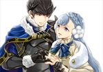  1girl armor berkut_(fire_emblem) black_armor black_hair blue_cape blue_eyes blue_hair braid cape circlet couple crown_braid fire_emblem fire_emblem_echoes:_mou_hitori_no_eiyuuou fur_coat hetero jewelry linea_(fire_emblem) long_hair purple_eyes putting_on_jewelry renkonmatsuri ring short_hair simple_background wedding_ring white_background 