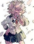  ^_^ ashido_mina boku_no_hero_academia cherry_blossoms closed_eyes finger_to_mouth hand_on_hip happy horns necktie pink_hair pink_skin pleated_skirt school_uniform short_hair simple_background skirt smile solo teeth u.a._school_uniform white_background 