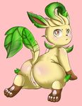  2017 all_fours anus blush brown_eyes butt canine digital_media_(artwork) eeveelution female feral from_behind_position fur hi_res leafeon looking_at_viewer mammal nintendo pawpads paws pok&eacute;mon presenting pussy raveneevee sex simple_background solo video_games 