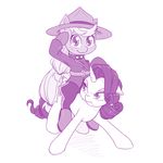  2017 applejack_(mlp) clothed clothing cutie_mark dstears duo earth_pony equine female feral freckles friendship_is_magic hat horn horse mammal monochrome my_little_pony pony rarity_(mlp) riding simple_background smile unicorn uniform white_background 