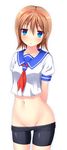  bike_shorts bike_shorts_pull blue_eyes blush brown_hair cowboy_shot hairband jitome ki_(kk-sk-ray) looking_at_viewer midriff navel original school_uniform serafuku short_hair simple_background standing 