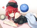  ass black_shirt breast_press breasts commentary_request heart hecatia_lapislazuli kasuka_(kusuki) large_breasts looking_at_viewer lying off-shoulder_shirt on_stomach panties polos_crown red_eyes red_hair shirt smile solo t-shirt touhou underwear white_panties 
