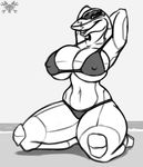  aircraft airplane big_breasts bikini breasts clothing female humanoid jet kneeling living_aircraft living_machine machine metalfoxxx monochrome nipple_bulge sweat swimsuit wide_hips 