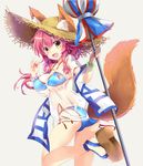  :d absurdres animal_ears bikini blue_bikini bow bracelet breasts cameltoe cleavage dress ears_through_headwear eyebrows_visible_through_hair fate/grand_order fate_(series) fox_ears fox_tail grey_background hair_bow hat highres holding jewelry large_breasts leg_up long_hair maruchan open_mouth platform_footwear red_hair sandals see-through shirt sideboob simple_background smile solo standing standing_on_one_leg straw_hat sun_hat swimsuit t-shirt tail tamamo_(fate)_(all) tamamo_no_mae_(fate) tamamo_no_mae_(swimsuit_lancer)_(fate) underboob wet wet_clothes wet_shirt wet_t-shirt white_dress yellow_eyes yellow_hat 