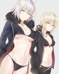  ahoge artoria_pendragon_(all) bangs bikini bikini_under_clothes black_bikini black_jacket black_ribbon black_shorts blonde_hair blue_coat breasts cleavage coat collarbone expressionless fate/grand_order fate/stay_night fate_(series) fur-trimmed_coat fur_trim grey_background hair_ribbon hands_in_pockets highres hips hood hooded_jacket jacket jeanne_d'arc_(alter)_(fate) jeanne_d'arc_(fate)_(all) jewelry kyouki large_breasts long_hair looking_at_viewer multiple_girls navel necklace open_clothes open_coat open_jacket pendant ponytail ribbon saber_alter short_hair shorts silver_hair simple_background small_breasts smile swimsuit thighs wicked_dragon_witch_ver._shinjuku_1999 yellow_eyes 