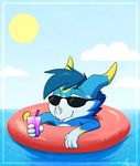  2017 5_fingers aseethe beach beverage blue_hair claws cute digimon dragon eyewear fan_character hair hi_res inner_tube lizard male outside reptile scalie seaside simple_background sky smile solo sun sunglasses tongue tongue_out vee4eva veemon vmon water yami_(character) yami_the_veemon 