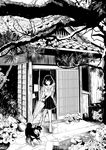  :d architecture boots branch commentary_request dog dog_walking east_asian_architecture greyscale highres holding holding_umbrella japanese_house leaf leash looking_down monochrome nikaidou_kou open_door open_mouth original pot rubber_boots school_uniform short_hair skirt smile tree umbrella 