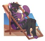  anthro barefoot bikini black_hair cat charmrage clothing eyelashes feline female fur hair inner_ear_fluff mammal pink_nose purple_fur sitting swimsuit yellow_eyes 