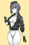  ass_visible_through_thighs breasts cleavage closed_mouth cosplay cowboy_shot eyebrows_visible_through_hair fingerless_gloves garrison_cap ghost_in_the_shell girls_und_panzer gloves hair_between_eyes hat highleg highleg_leotard highres ikomochi jacket kusanagi_motoko kusanagi_motoko_(cosplay) leotard looking_at_viewer medium_breasts monochrome nishizumi_maho short_hair solo spot_color thigh_gap unzipped yellow_background 