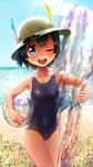  ball beachball black_hair blue_eyes blue_swimsuit cowboy_shot hair_between_eyes hat hat_feather helmet highres inflatable_raft kaban_(kemono_friends) kemono_friends looking_at_viewer one-piece_swimsuit open_mouth pith_helmet school_swimsuit short_hair signature solo swimsuit wavy_hair welt_(kinsei_koutenkyoku) 