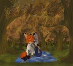  anthro autumn canine clothed clothing disney female forest fox grass hi_res i_ship_it_real_hard judy_hopps kneeling lagomorph mammal nick_wilde rabbit romantic_couple smile solid_color tree zootopia 