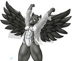  2017 abs anthro athletic avian beak breasts chest_tuft clothing feathers female gryphon navel nipples one_eye_closed pussy shirt solo stretching stx70 translucent tuft wings 