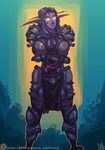  2017 armor atryl elf fantasy glowing glowing_eyes hair humanoid night_elf piercing pose purple_hair solo video_games warcraft warrior yellow_eyes 