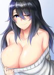  bare_shoulders black_hair blue_background blue_eyes breasts cleavage clothes_pull collarbone gradient gradient_background highres huge_breasts kuuki_(rakam) long_hair one_eye_closed original ribbed_sweater smile solo sweater sweater_pull upper_body white_background 