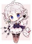  :&lt; ahoge apron arm_up bad_id bad_pixiv_id beige_background black_gloves black_legwear blue_eyes blush boots braid brown_footwear chibi closed_mouth cup frilled_apron frills full_body gloves izayoi_sakuya knife kyou_(nekoneko) long_sleeves looking_at_viewer maid maid_apron maid_headdress neck_ribbon outline outside_border pocket_watch ribbon side_braid silver_hair skirt skirt_set solo spoon standing striped striped_background teacup teapot touhou tray twin_braids v-shaped_eyebrows vertical-striped_background vertical_stripes waist_apron watch 