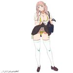  2017 artist_name baba_arumi bag bikini blue_eyes blush breasts cleavage dated eyebrows_visible_through_hair full_body hair_bobbles hair_ornament large_breasts loafers long_hair micro_bikini open_clothes original partially_unbuttoned pink_hair pleated_skirt school_bag school_uniform shoes short_sleeves simple_background skirt skirt_lift smile solo standing swimsuit swimsuit_under_clothes thighhighs twintails white_background white_legwear yellow_bikini 