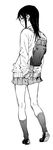  absurdres bag bangs closed_mouth ebisumaru_(ebisumaru3) from_behind full_body greyscale highres kneehighs kneepits loafers long_hair looking_at_viewer looking_back monochrome original pleated_skirt ribbed_legwear school_bag school_uniform shoes shoulder_bag sidelocks simple_background skirt sleeves_past_wrists smile solo standing sweater 