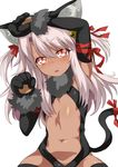  absurdres animal_ears black_gloves blush cat_ears cat_tail chloe_von_einzbern dark_skin fate/kaleid_liner_prisma_illya fate_(series) gloves hair_ribbon highres long_hair looking_at_viewer navel paw_gloves paws pink_eyes pink_hair red_ribbon ribbon shimejinameko simple_background solo tail white_background 