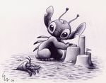  2004 alien antennae back_spines claws disney experiment_(species) feral flag greyscale head_tuft hermit_crab lilo_and_stitch monochrome notched_ear pen_(artwork) ribera sand sand_castle sculpture shell simple_background small_tail stare stitch traditional_media_(artwork) tuft white_background 