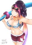  1girl armpits bare_shoulders bikini_top blue_eyes blush breasts cleavage covered_nipples fiora_laurent highres league_of_legends looking_at_viewer medium_breasts navel pink_hair ponytail pool_party_fiora purple_hair riot_games scarf shorts solo streaked_hair sunglasses_on_head sword 