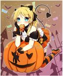  artist_name ascot ayase_eli black_bow black_gloves blonde_hair blue_eyes bow candy demon_horns demon_tail eyebrows_visible_through_hair food glove_bow gloves hair_bow hair_ornament halloween head_rest hey_xander highres horns jack-o'-lantern lollipop looking_at_viewer love_live! love_live!_school_idol_project mary_janes mouth_hold orange_skirt ponytail pumpkin shoes short_hair short_ponytail skirt solo star star_hair_ornament striped striped_legwear tail thighhighs watermark white_neckwear 