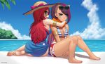  2girls ass bare_shoulders barefoot beach bikini_top blue_eyes blush breasts cleavage cloud feet fiora_laurent green_eyes highres kuroonehalf league_of_legends ocean pool_party_fiora pool_party_miss_fortune purple_hair red_hair sarah_fortune shorts sitting sky straw_hat streaked_hair sunglasses_on_head swimsuit 