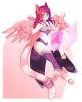  2017 5_fingers anthro cat charmrage clothed clothing feathered_wings feathers feline hair heterochromia hybrid mammal pink_feathers purple_hair simple_background wide_hips wings 