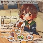  :d black_jacket bowl brown_eyes brown_hair cardigan colored_pencil_(medium) commentary_request crescent crescent_moon_pin curry curry_rice dated food holding holding_bowl jacket kantai_collection kirisawa_juuzou long_sleeves mutsuki_(kantai_collection) neckerchief numbered open_mouth red_neckwear remodel_(kantai_collection) rice school_uniform serafuku short_hair sitting smile solo traditional_media translation_request twitter_username 