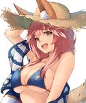  :d animal_ears arm_up bikini_top blue_bikini_top breasts brown_eyes cleavage ears_through_headwear fang fate/grand_order fate_(series) fox_ears fox_tail hand_on_headwear hat highres innertube koretsuki_azuma large_breasts long_hair looking_at_viewer open_mouth pink_hair simple_background smile solo straw_hat sun_hat tail tamamo_(fate)_(all) tamamo_no_mae_(fate) tamamo_no_mae_(swimsuit_lancer)_(fate) upper_body white_background 