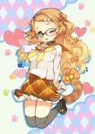  animal_ears black_legwear blonde_hair blush bow breasts cat_ears cat_tail commentary_request copyright dated finger_to_mouth full_body glasses green_eyes hair_bow karpin loafers looking_at_viewer medium_breasts one_eye_closed paw_print plaid plaid_skirt pleated_skirt school_uniform serafuku shoes sid_story skirt solo tail tail_bow thighhighs 