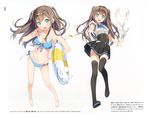  :d absurdres ange_vierge bare_legs barefoot bikini black_legwear blue_bikini blue_eyes blush breasts brown_hair cleavage contrapposto cowboy_shot front-tie_top full_body hair_ornament hairclip highres hinata_miumi innertube kantoku long_hair looking_at_viewer medium_breasts multiple_views open_mouth scan sidelocks smile standing strap_pull striped striped_bikini swimsuit thighhighs two_side_up underbust 