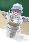  alternate_costume apron bangs bat_wings blue_hair chalk chalkboard classroom commentary_request curry dress dutch_angle fangs food hat highres mob_cap open_mouth perspective pink_dress plate red_eyes remilia_scarlet rice sasurai_no_kuchibuefuki short_hair smile soup_ladle table teeth tongue touhou wings 